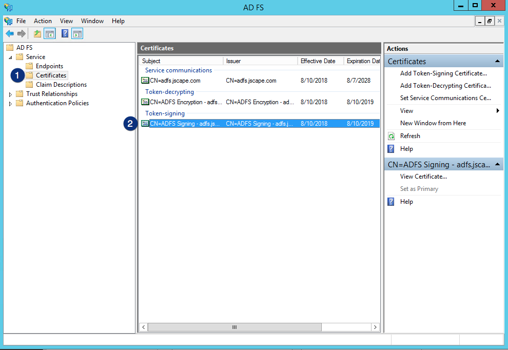 ADFS certificates token signing certificate