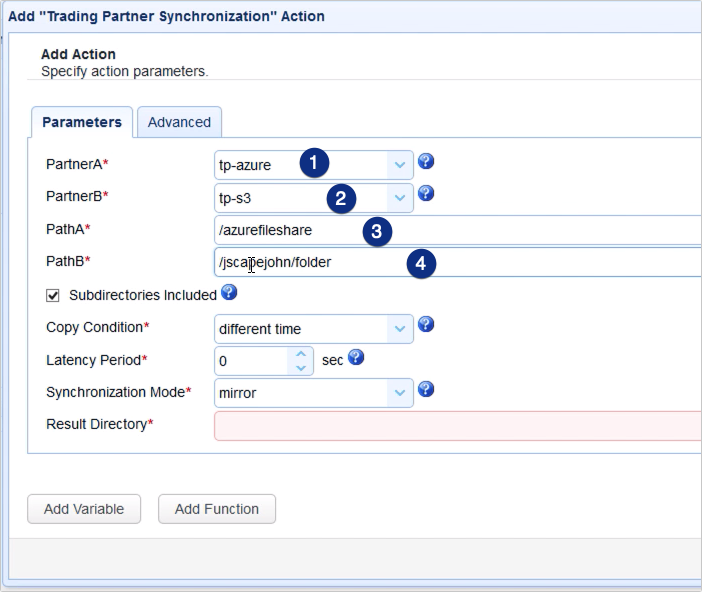 copy data from azure to s3 - trading partner synchronization action parameters