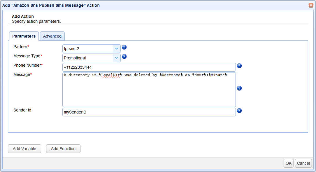 amazon sns publish sms message action parameters