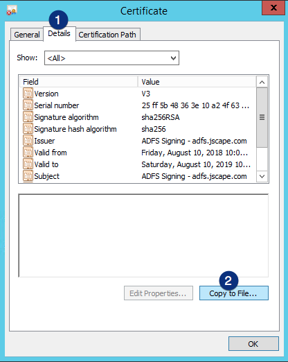 ADFS certificate details