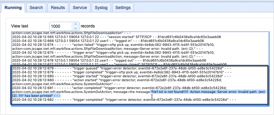 logs showing error detector trigger details