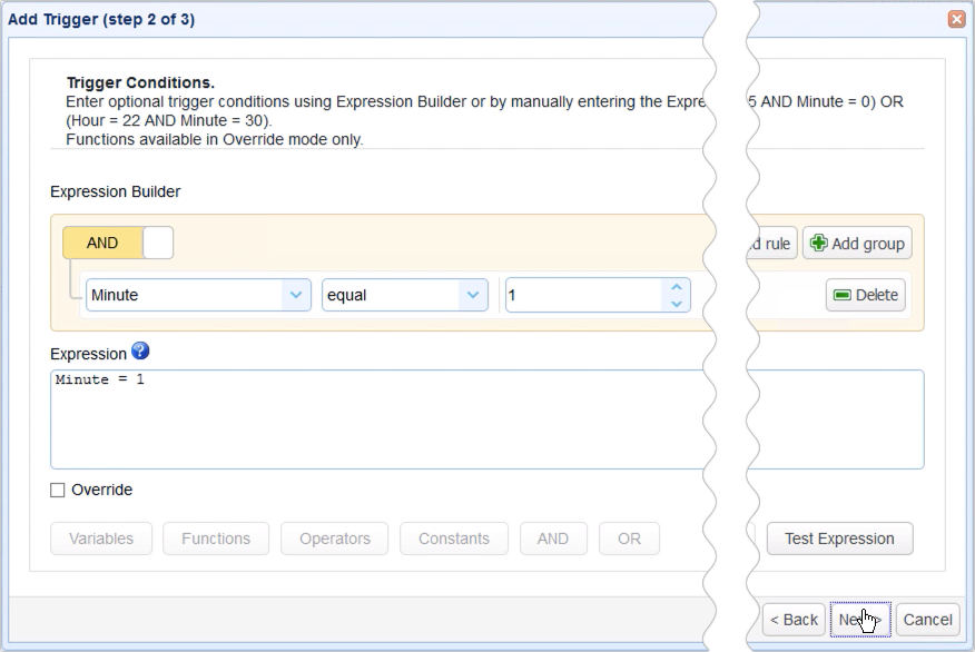 new trigger expression fire every hour