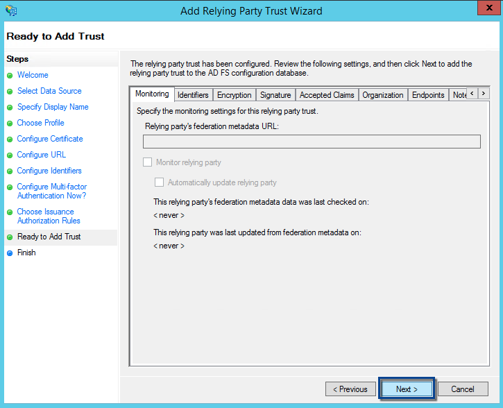 ADFS Ready to add trust