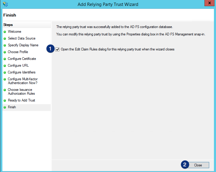 ADFS Open the Edit Claim Rules dialog for this replying party trust when the wizard closes check box
